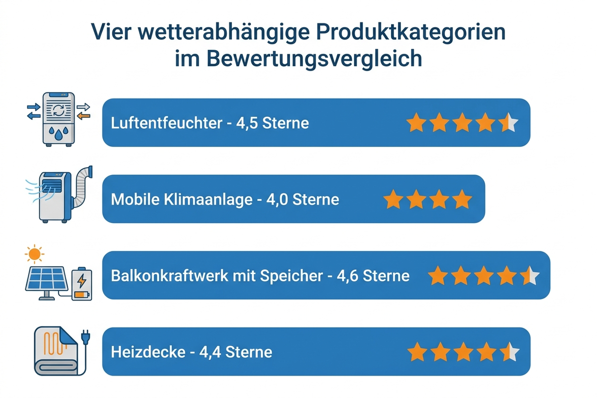 Balkendiagramm: Vier wetterabhängige Produktkategorien im Bewertungsvergleich – Luftentfeuchter, mobile Klimaanlage, Balkonkraftwerk mit Speicher und Heizdecke mit jeweiliger Sternebewertung, deutsche Beschriftungen