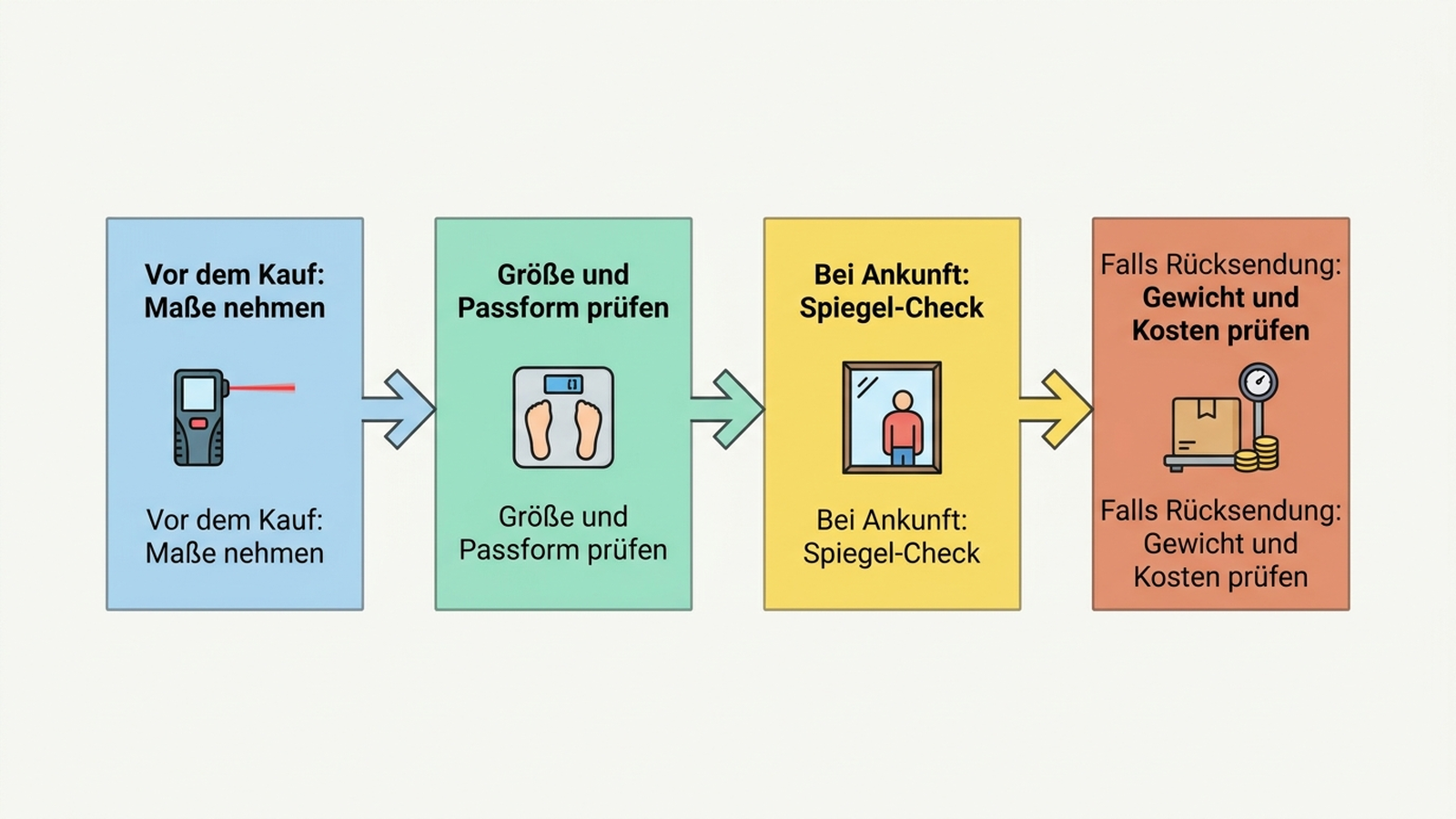 Vierstufiges Ablaufdiagramm: Vor dem Kauf Maße nehmen, Größe und Passform prüfen, bei Ankunft Spiegel-Check, falls Rücksendung Gewicht und Kosten prüfen
