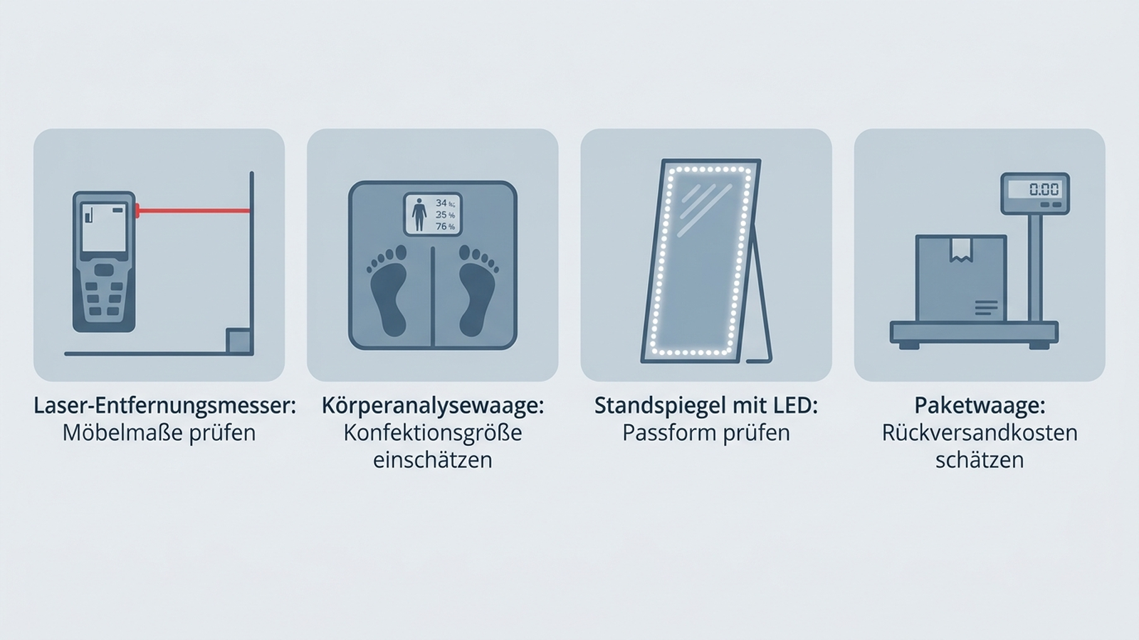 Vier Icon-Kacheln mit deutschen Beschriftungen: Laser-Entfernungsmesser für Möbelmaße, Körperanalysewaage für die Konfektionsgröße, Standspiegel mit LED für die Passform und Paketwaage für Rückversandkosten