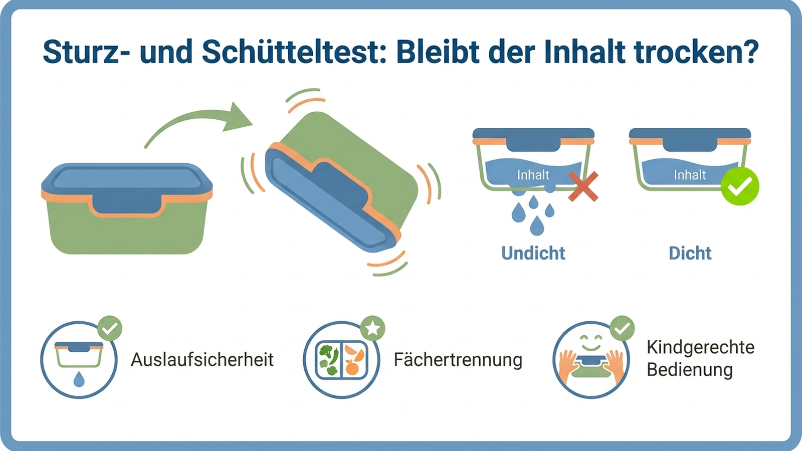 Sturz- und Schütteltest einer Brotdose: Kriterien Auslaufsicherheit, Fächertrennung und kindgerechte Bedienung