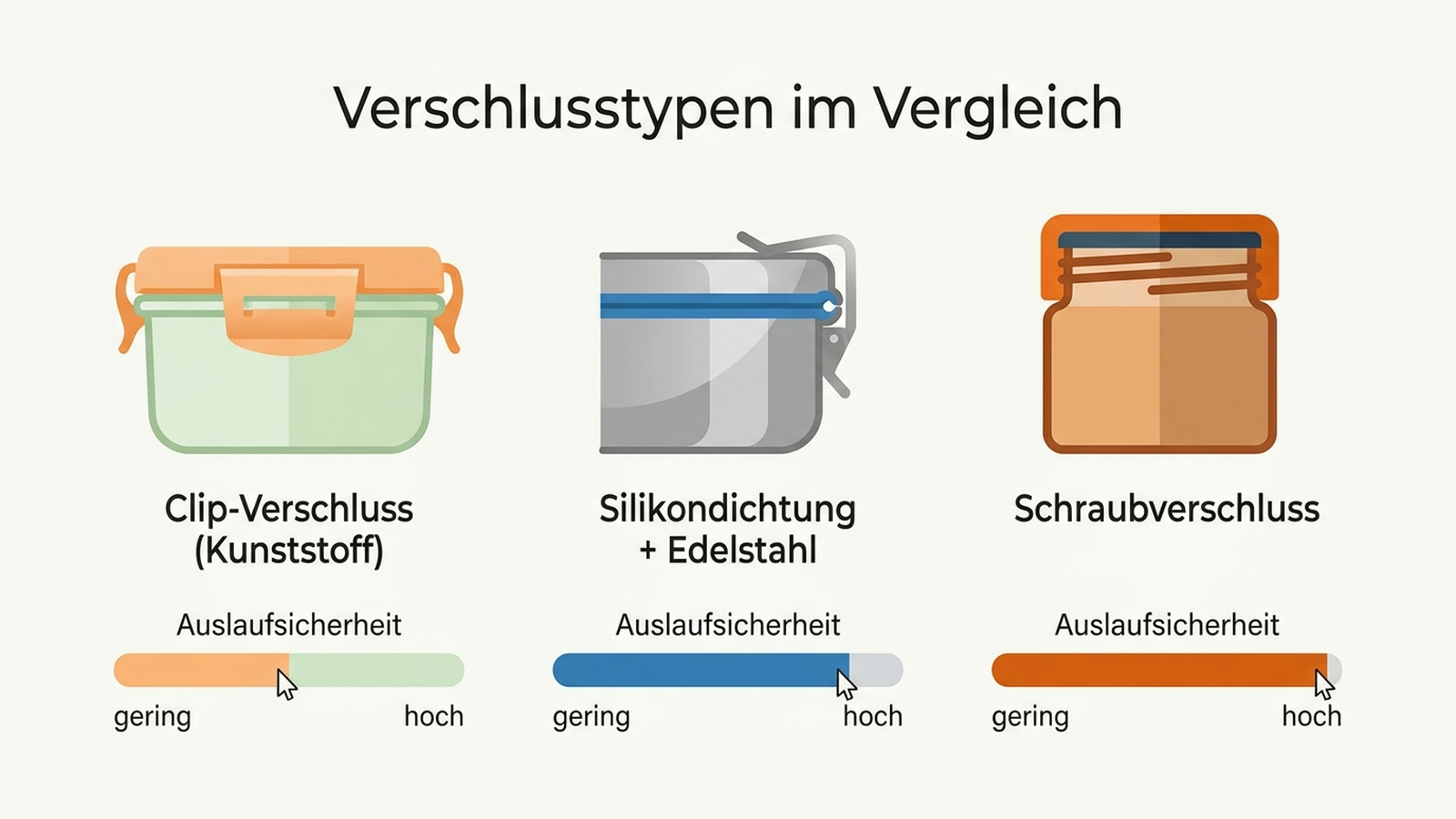 Verschlusstypen im Vergleich: Clip-Verschluss, Silikondichtung mit Edelstahl und Schraubverschluss nach Auslaufsicherheit bewertet