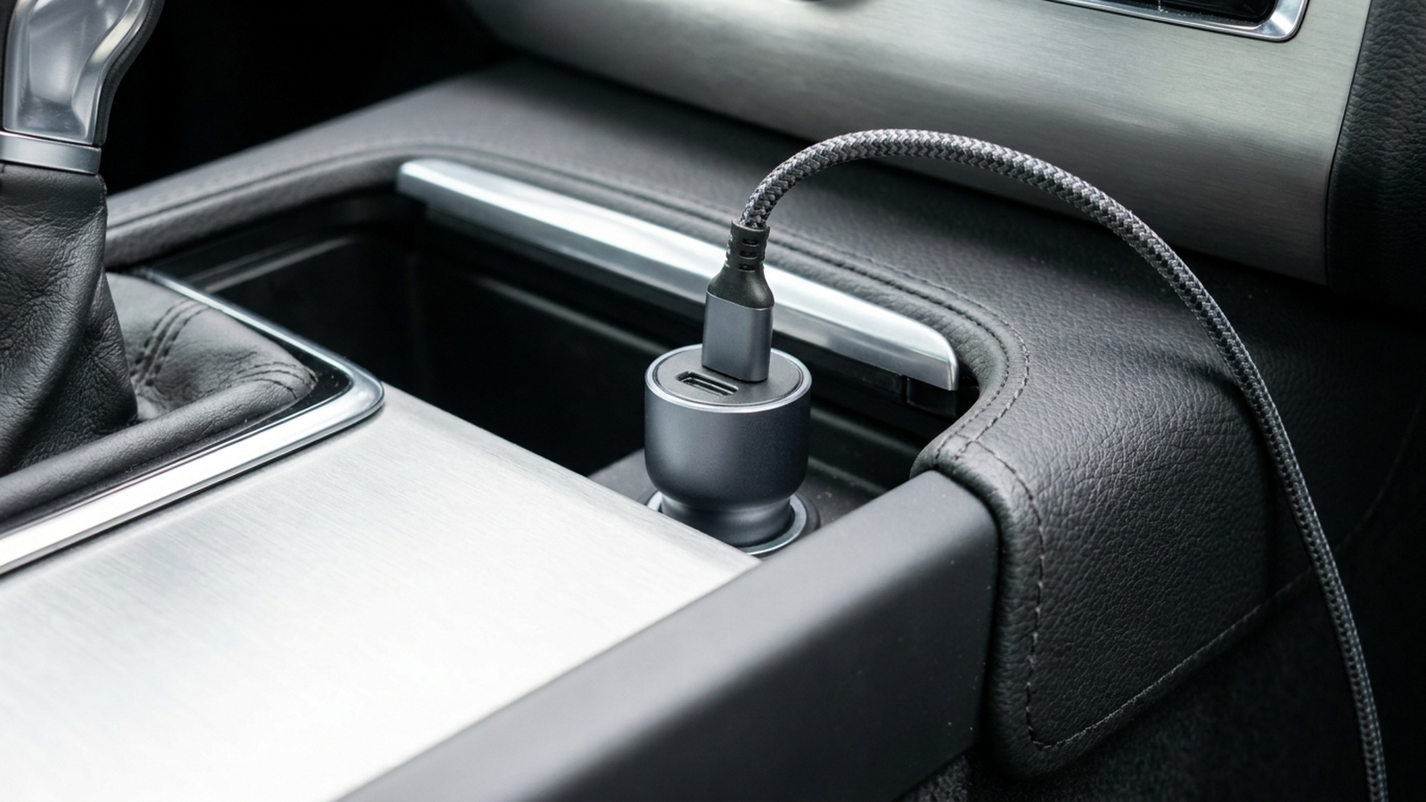USB-C-Kabel steckt in einer Ladebuchse im Auto-Innenraum