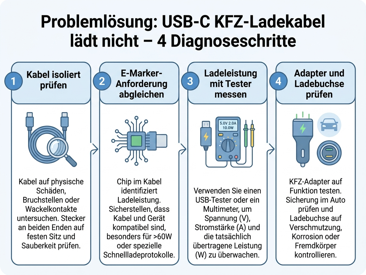 Infografik: Diagnose in vier Schritten bei Ladeproblemen mit USB-C-Kabeln im Auto