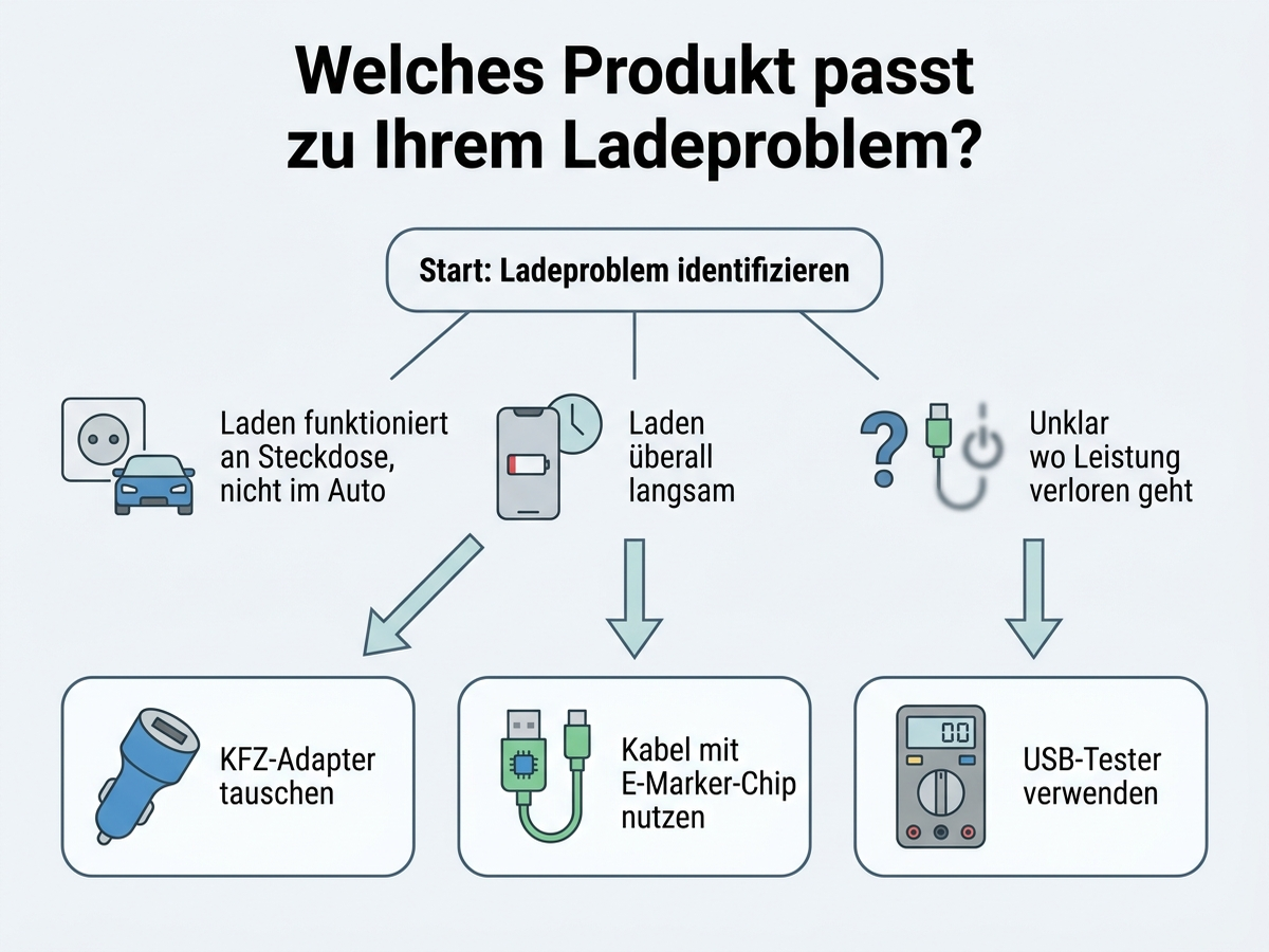 Entscheidungsbaum: Welches Produkt bei welchem Ladeproblem im Auto hilft