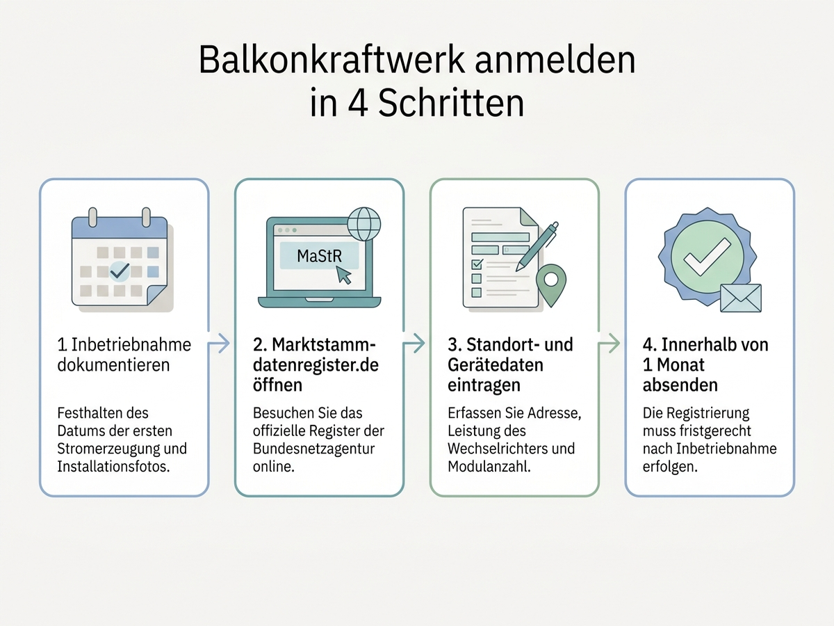 Balkonkraftwerk anmelden in 4 Schritten: Inbetriebnahme, Marktstammdatenregister, Gerätedaten, Absenden