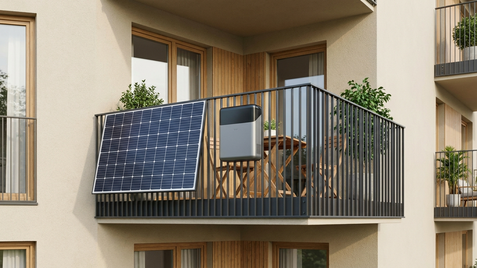 Balkonkraftwerk mit Solarpanel und kompaktem Batteriespeicher auf einem Balkon in europäischer Wohnumgebung