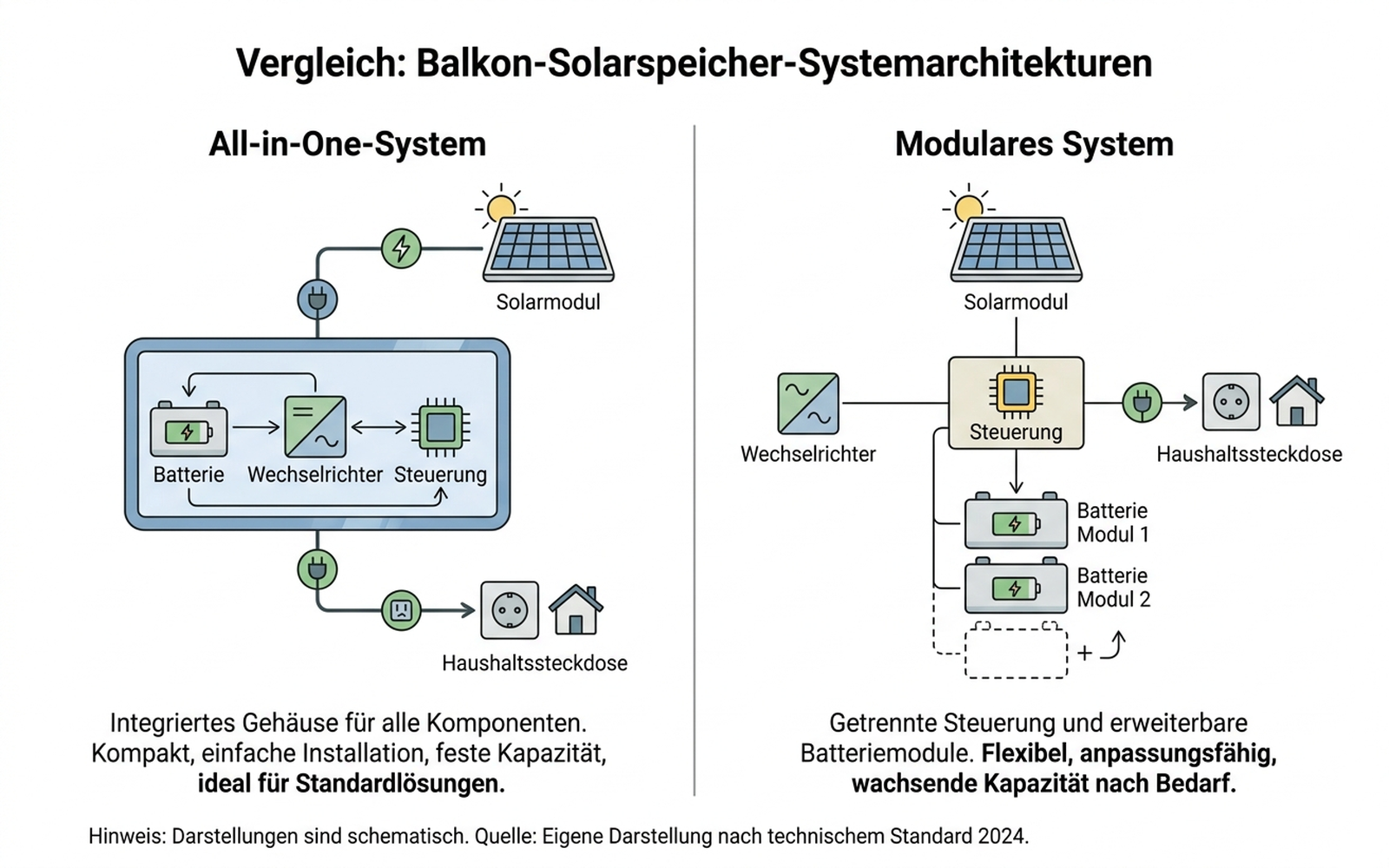 Infografik: Technologie-Vergleich von Balkonkraftwerk-Speichersystemen mit AC- und DC-Kopplung, deutsche Beschriftung