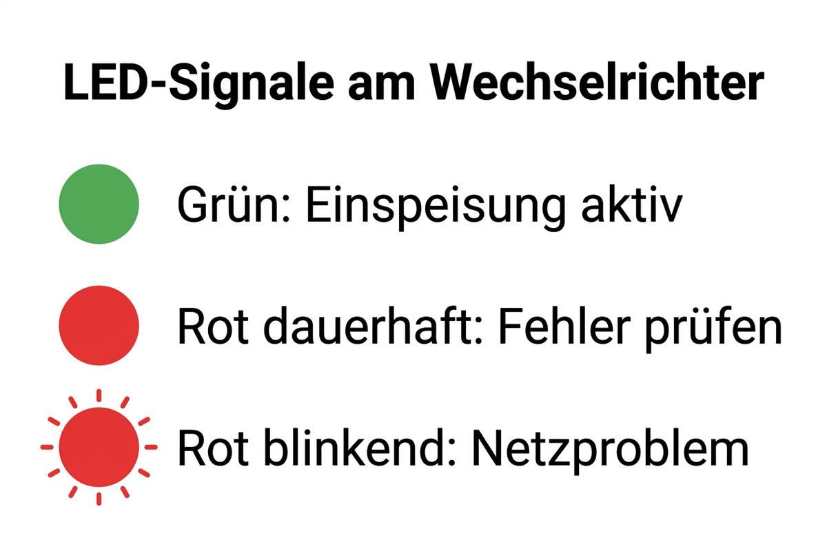 Infografik: LED-Signale am Wechselrichter – Grün aktiv, Rot dauerhaft Fehler prüfen, Rot blinkend Netzproblem