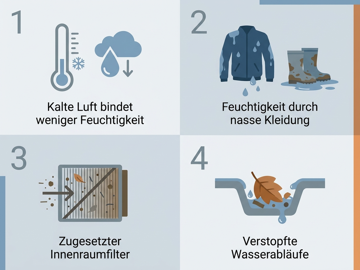 Infografik: Vier Ursachen für beschlagene Autoscheiben im Herbst und ihre jeweilige Lösung