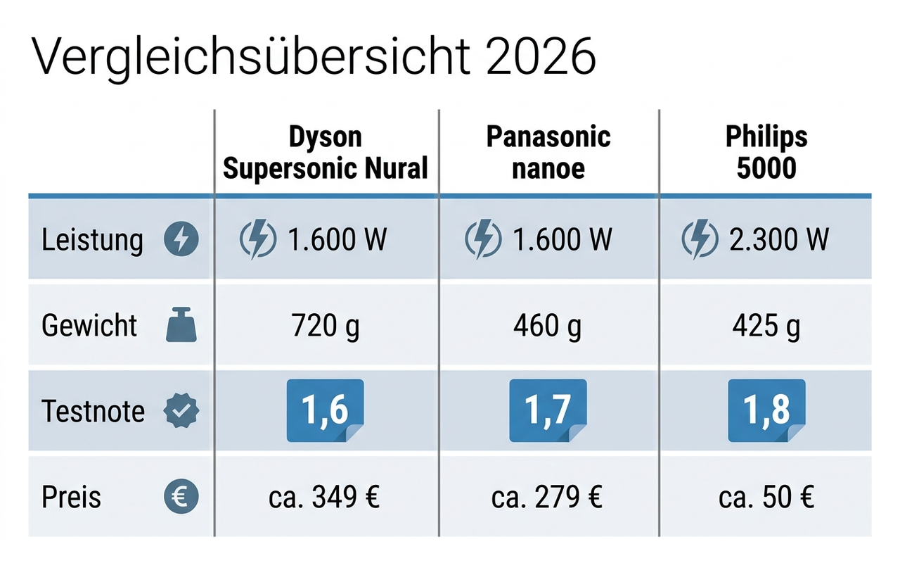 Vergleichsübersicht der Premium-Haartrockner 2026