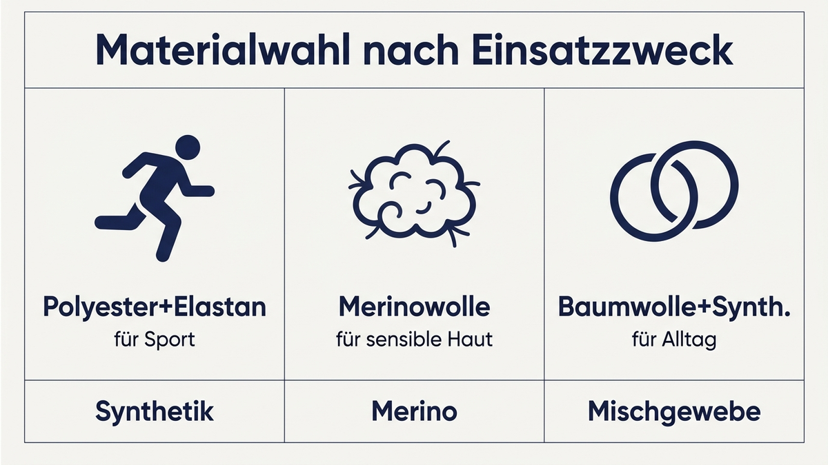 Infografik: Materialwahl nach Einsatzzweck – Synthetik für Sport, Merino für sensible Haut, Mischgewebe für Alltag
