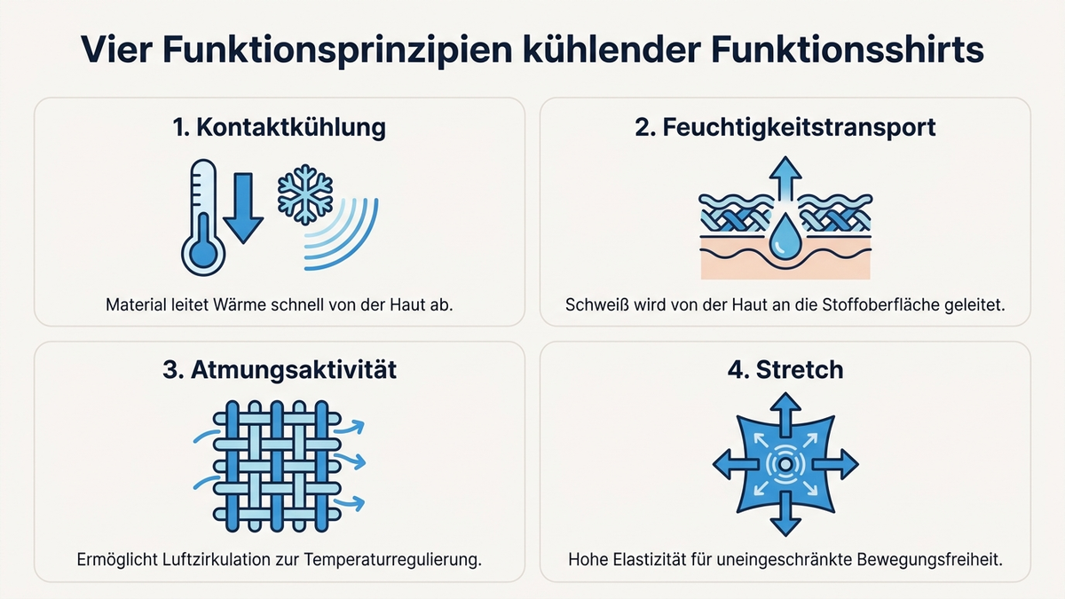 Infografik: vier Funktionsprinzipien kühlender Funktionsshirts – Kontaktkühlung, Feuchtigkeitstransport, Atmungsaktivität, Stretch