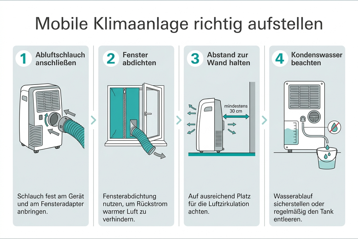 Anleitung: Mobile Klimaanlage richtig aufstellen – Abluftschlauch, Fensterabdichtung, Abstand, Kondenswasser