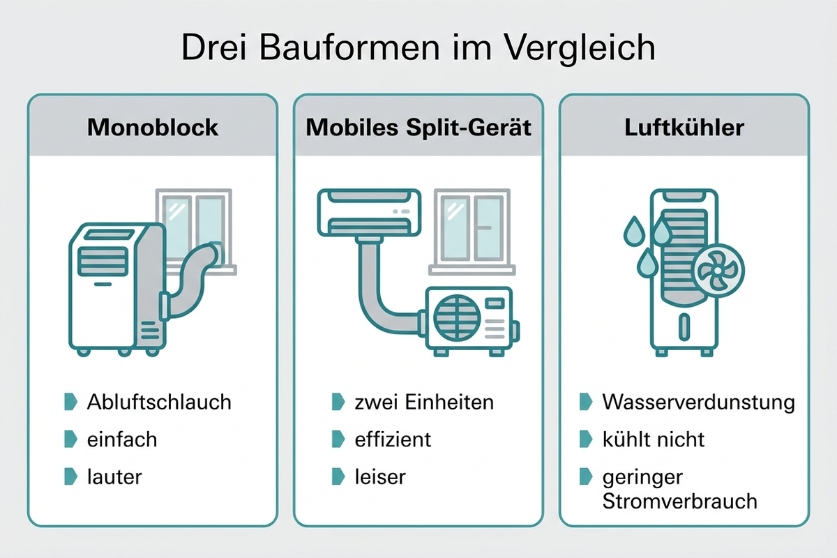 Drei Bauformen im Vergleich: Monoblock, mobiles Split-Gerät und Luftkühler