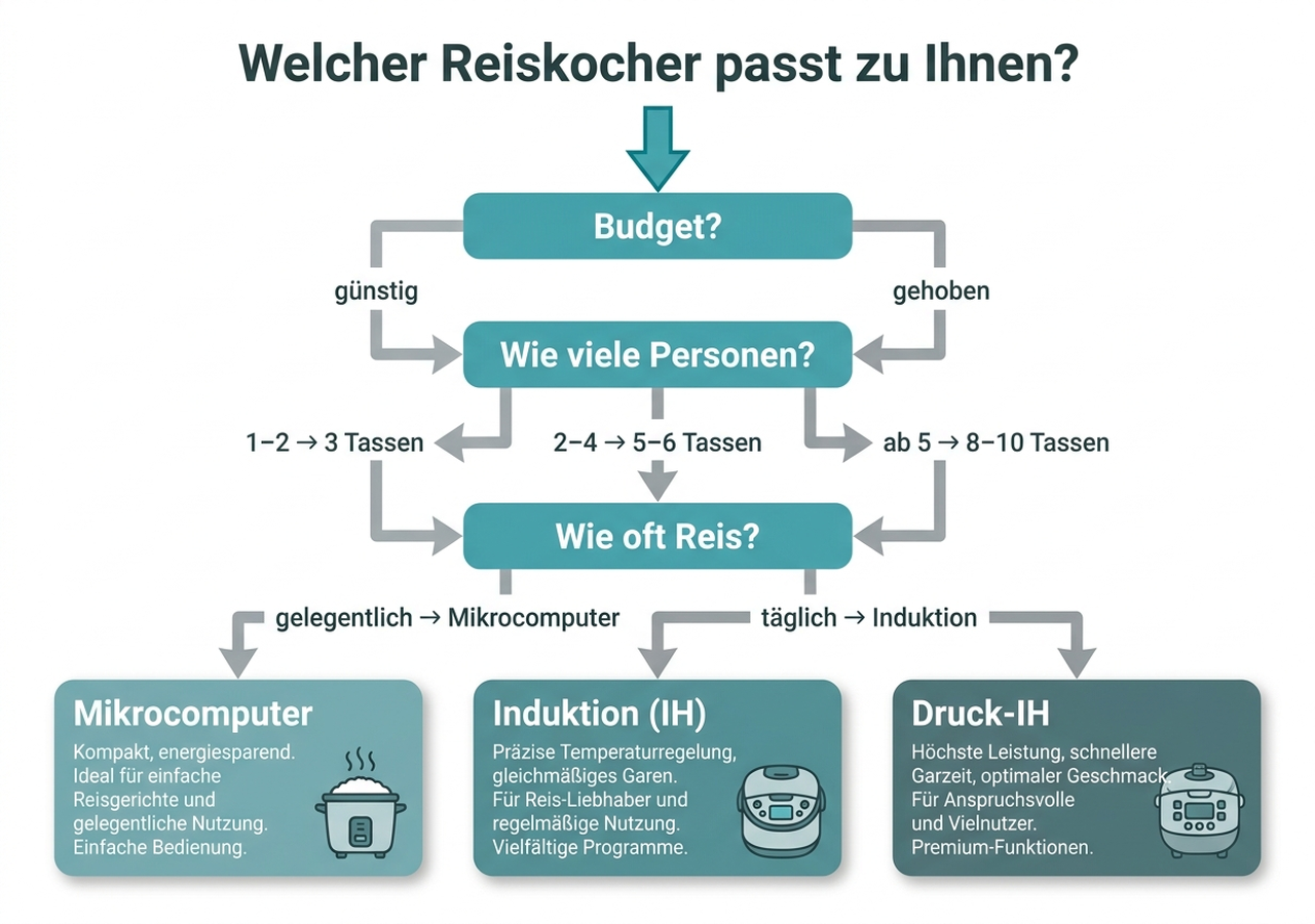 Entscheidungsbaum: Heiztechnik, Kapazität, Reissorte und Pflege