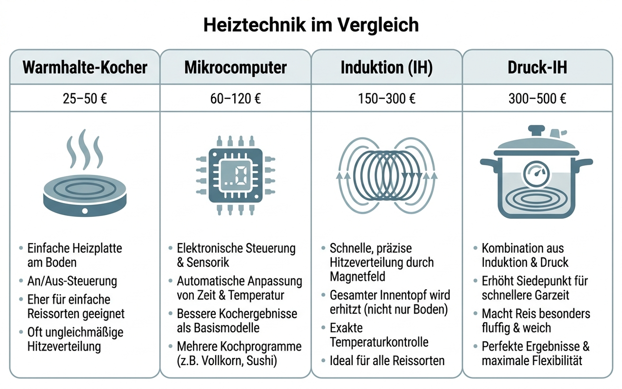 Heiztechnik im Vergleich: Warmhalte-Reiskocher, Mikrocomputer, Induktion und Druck-IH