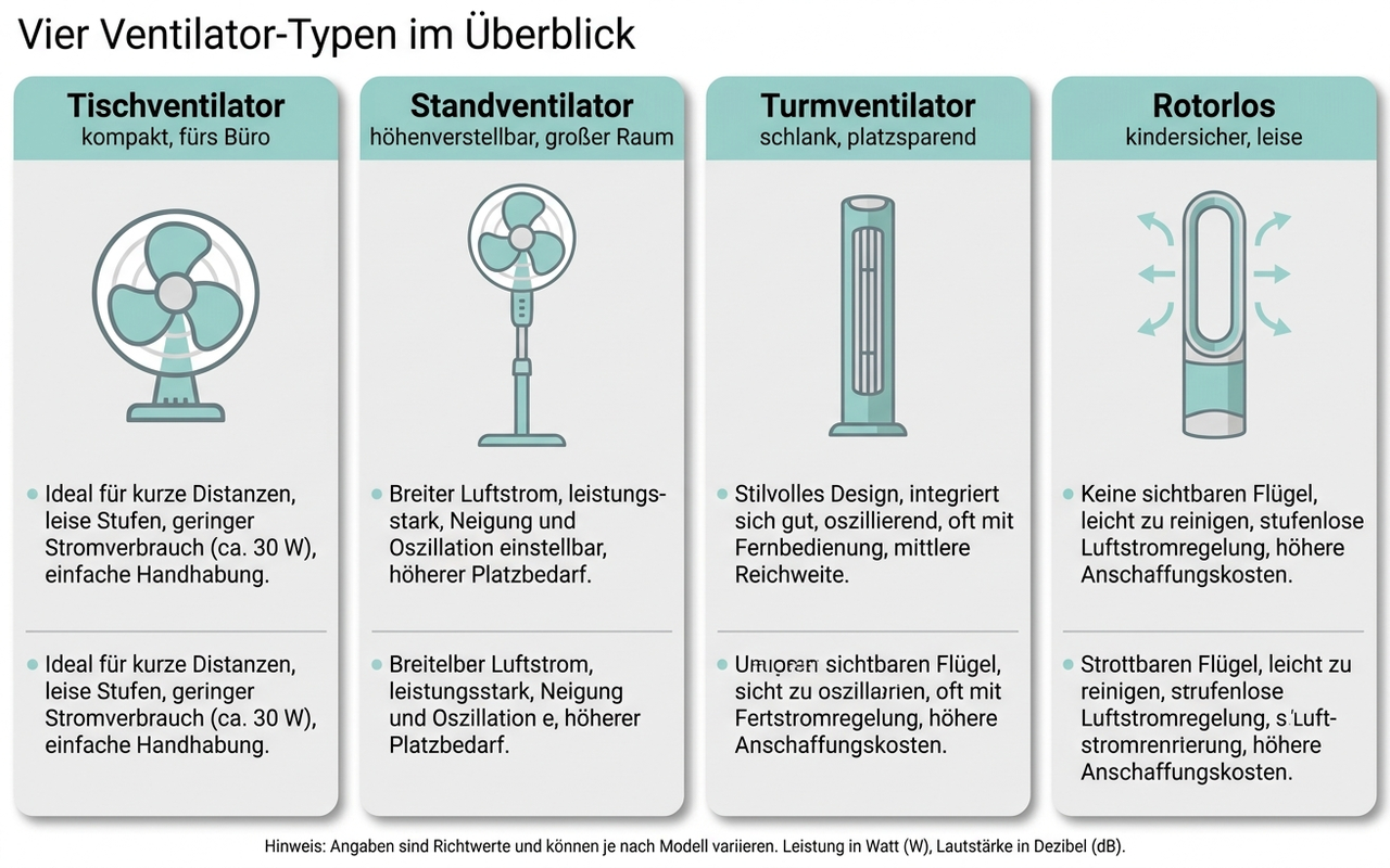 Vier Ventilator-Typen im Überblick: Tisch-, Stand-, Turm- und rotorloser Ventilator
