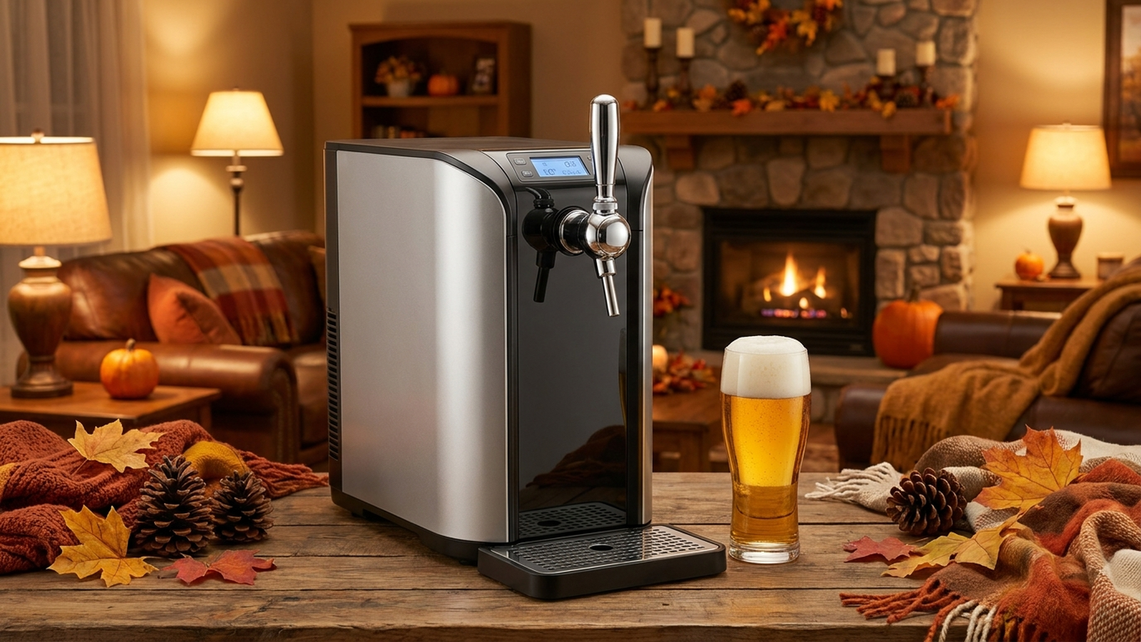 Moderne Bierzapfanlage mit gezapftem Bierglas auf einem Tisch in gemütlicher Wohnatmosphäre