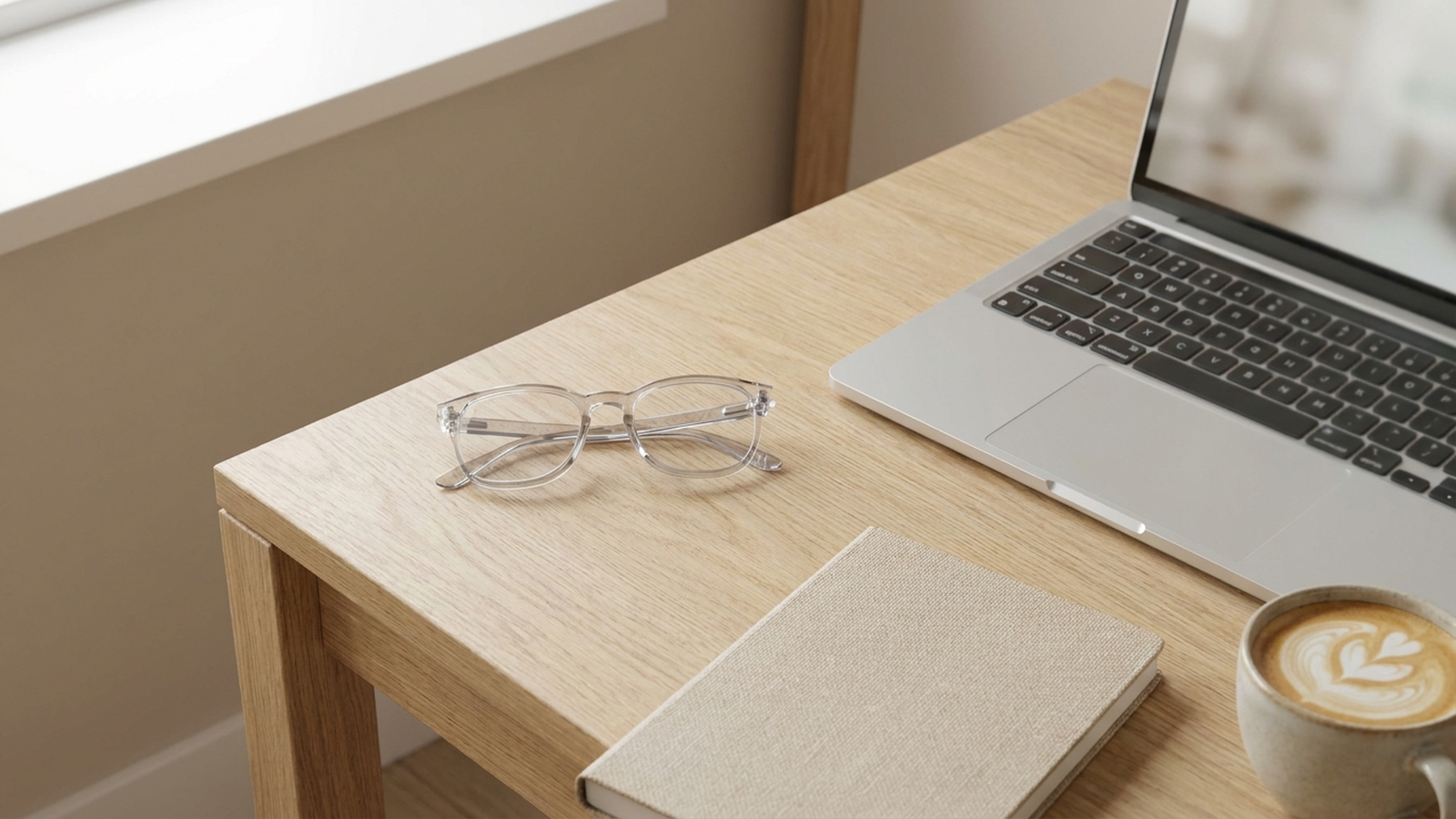 Blaulichtfilter-Brille liegt griffbereit auf einem hellen Schreibtisch neben Laptop und Notizbuch