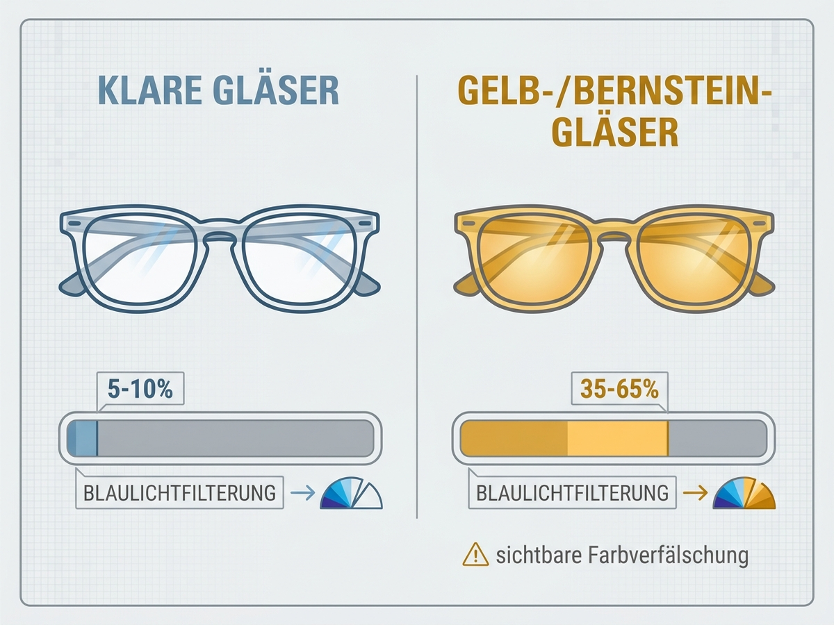 Infografik: Klare Gläser mit 5-10% Blaulichtfilterung im Vergleich zu Gelb-/Bernstein-Gläsern mit 35-65% Filterung