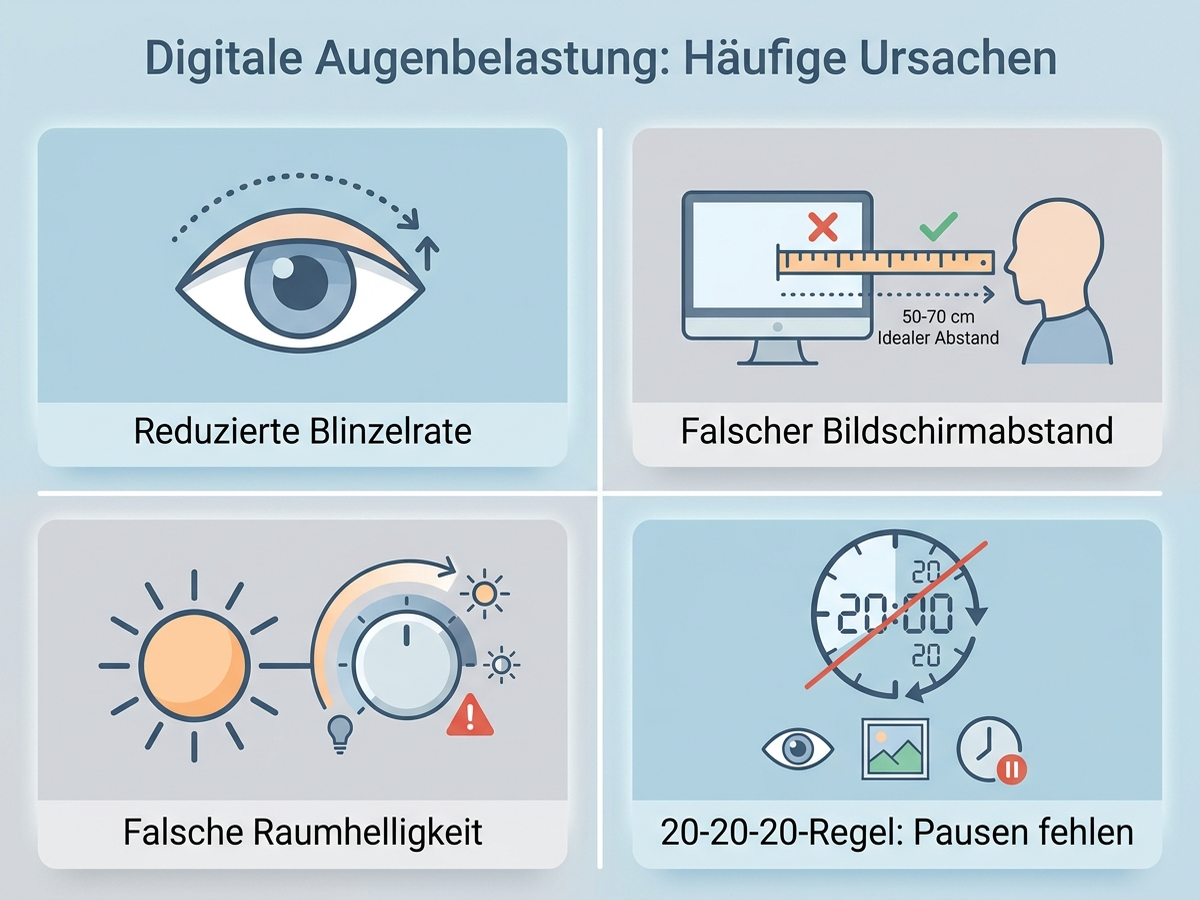 Infografik: Vier Ursachen digitaler Augenbelastung – Blinzelrate, Bildschirmabstand, Raumhelligkeit, fehlende Pausen