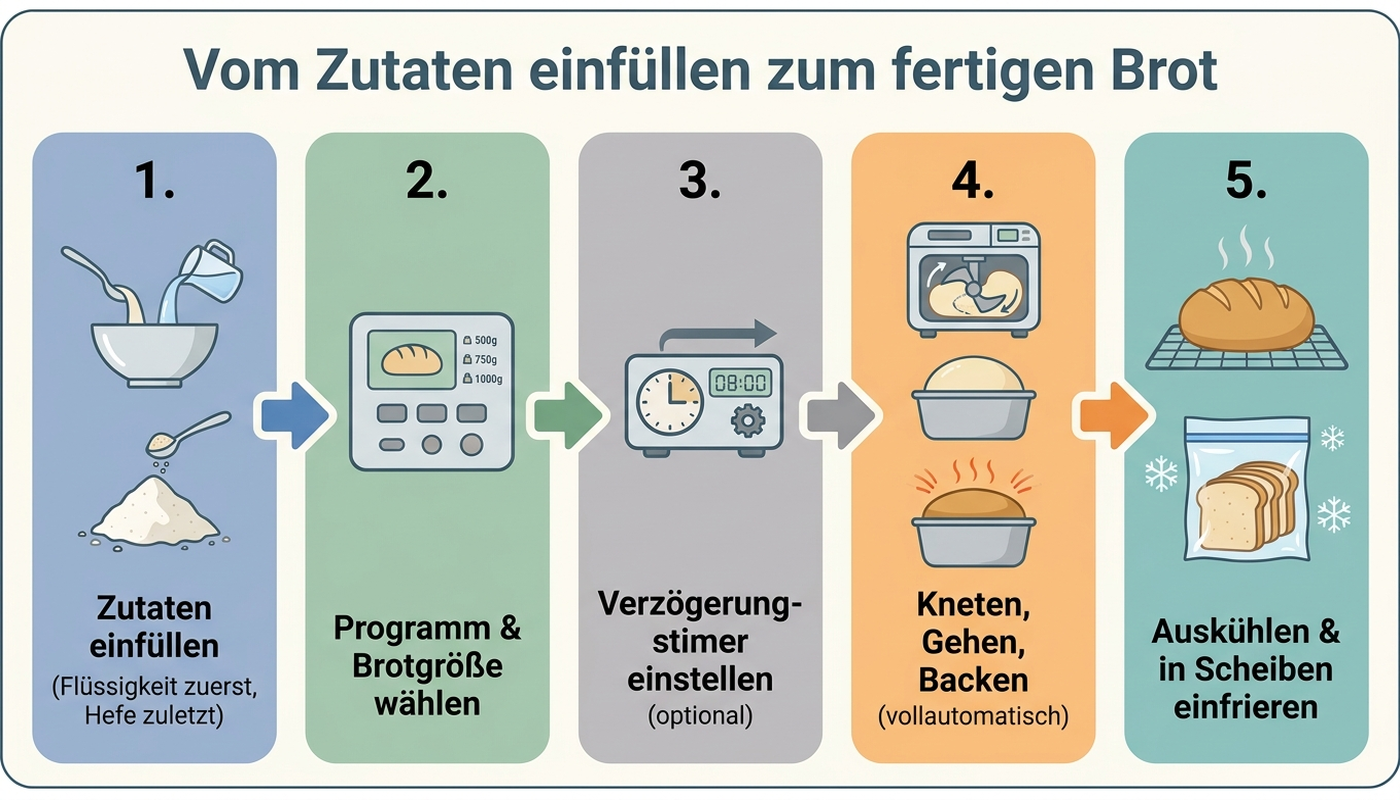 Diagramm: Typischer Ablauf vom Zutaten einfüllen bis zum fertigen Brot beim Brotbackautomaten