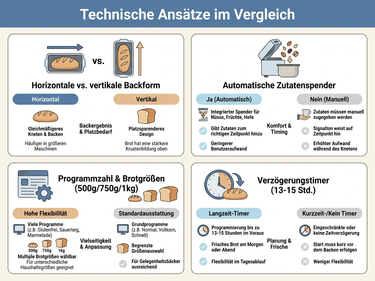 Infografik: Vier technische Ansätze bei Brotbackautomaten für Ein-Personen-Haushalte im Vergleich