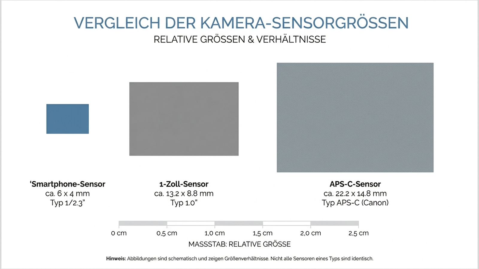 Infografik zum Sensorgrößenvergleich zwischen Smartphone, 1-Zoll-Kompaktkamera und APS-C-Kompaktkamera