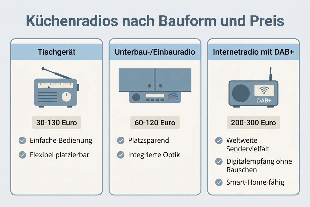 Vergleichstabelle DAB+ Küchenradios nach Bauform und Preis