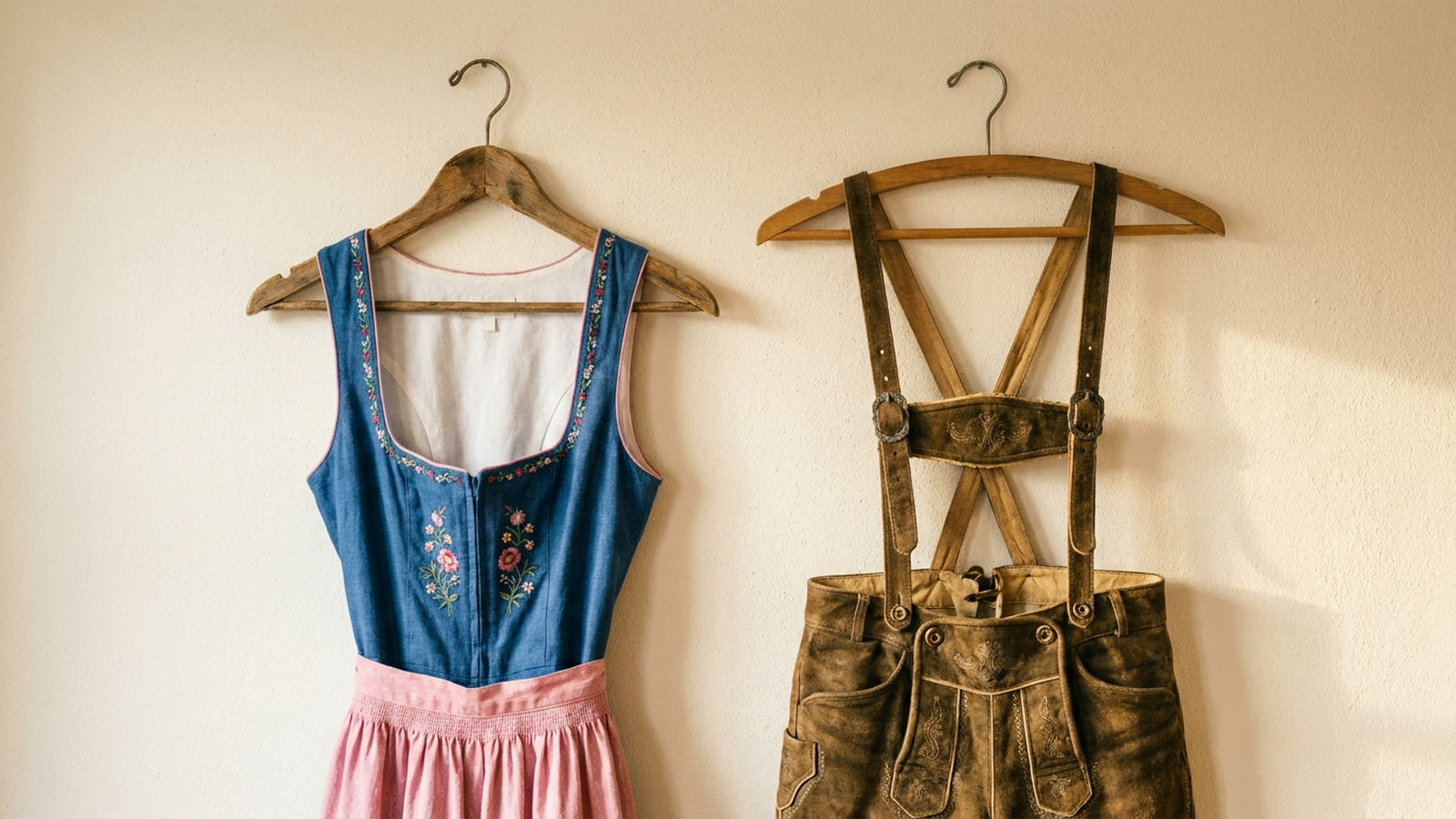 Dirndl und Lederhose ordentlich auf Kleiderbügeln vor einem hellen Hintergrund