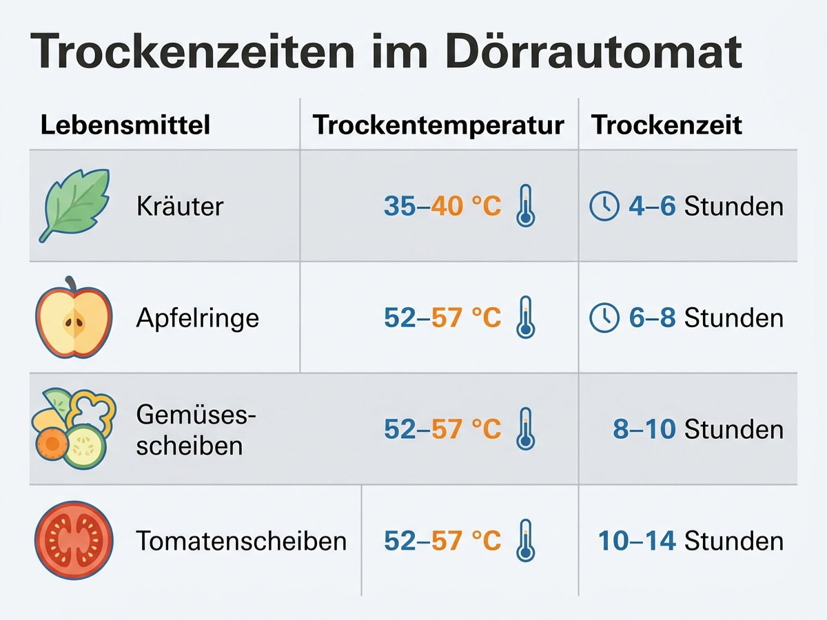 Infografik: Tabelle mit Temperatur und Trockenzeit für Kräuter, Obstscheiben, Gemüse und Tomaten im Dörrautomat, deutsche Beschriftung