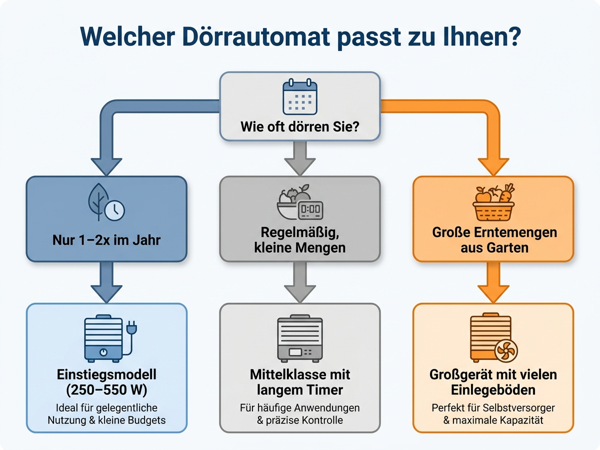 Entscheidungsbaum: Welcher Dörrautomat passt zu Ihnen, mit deutschen Beschriftungen nach Nutzungshäufigkeit und Erntemenge