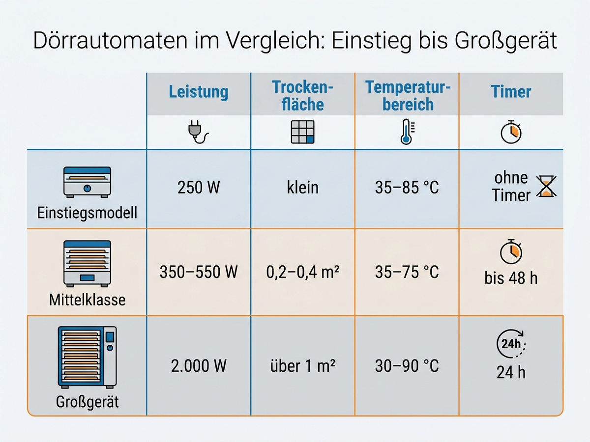 Infografik: Technischer Vergleich von Dörrautomaten nach Leistung, Trockenfläche, Temperaturbereich und Timer, deutsche Beschriftung