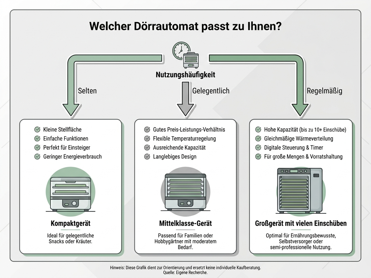 Entscheidungsbaum: Welcher Dörrautomat passt zu Ihnen, nach Nutzungshäufigkeit, deutsche Beschriftung