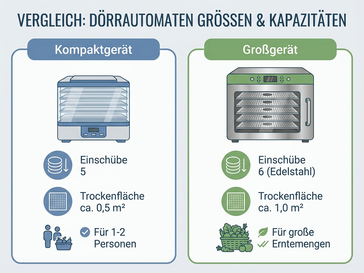 Infografik: Vergleich Dörrautomaten-Größen und Kapazitäten, Kompaktgerät gegen Großgerät, deutsche Beschriftung