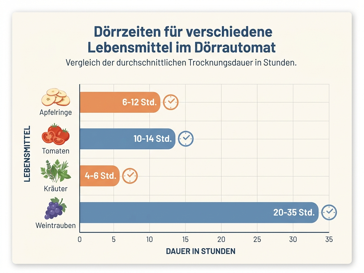 Balkendiagramm: Trockenzeiten verschiedener Lebensmittel im Dörrautomat, deutsche Beschriftung