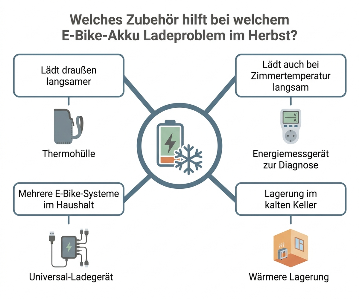 Entscheidungsbaum: Welches Hilfsmittel bei welchem E-Bike-Akku-Ladeproblem im Herbst hilft