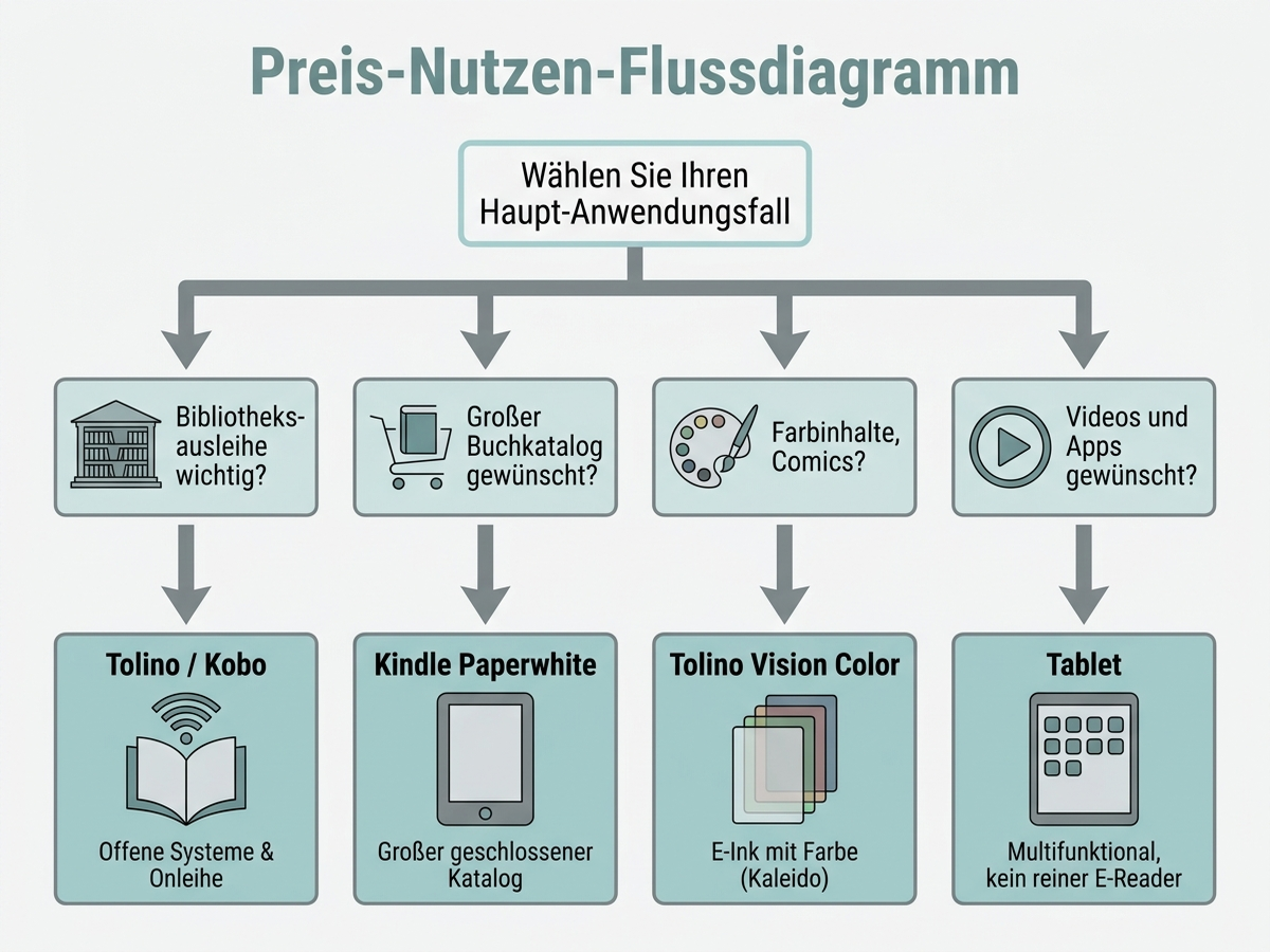 Infografik: Preis-Nutzen-Flussdiagramm für die Wahl zwischen E-Reader-Modellen und Tablet je nach Lesegewohnheit und Zusatzbedarf