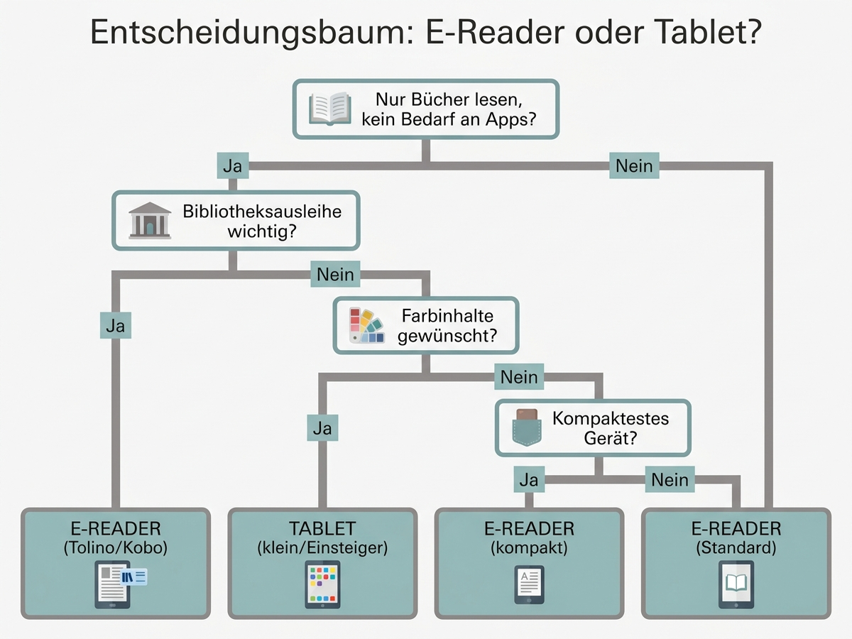 Entscheidungsbaum zur Wahl zwischen E-Reader und Tablet: Fragen nach Bibliotheksnutzung, Farbinhalten und Zusatzfunktionen führen zu einer von fünf Geräteempfehlungen