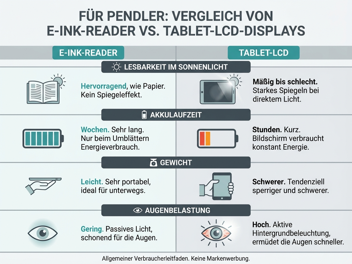 Infografik: Technischer Vergleich zwischen E-Ink-Reader und Tablet-LCD-Display bei Sonnenlicht, Akkulaufzeit, Gewicht und Augenbelastung