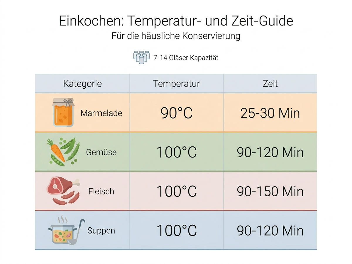 Infografik: Tabelle mit Temperatur und Einkochzeit für Marmelade, Gemüse, Fleisch und Fertiggerichte im Einkochglas, deutsche Beschriftung