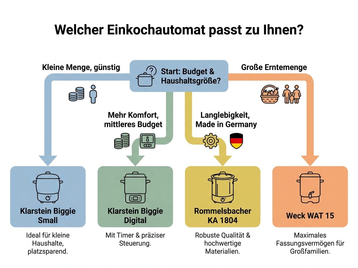 Entscheidungsbaum: Welcher Einkochautomat passt zu Ihnen, mit deutschen Beschriftungen nach Haushaltsgröße und Budget