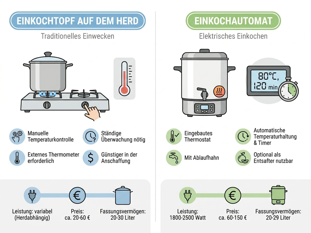 Infografik: Vergleich Einkochautomat gegenüber klassischem Einkochtopf auf dem Herd nach Temperaturkontrolle, Aufheizzeit, Fassungsvermögen und Preis, deutsche Beschriftung