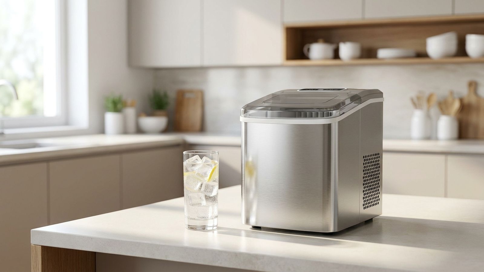 Kompakte Eiswürfelmaschine aus Edelstahl auf einer hellen Küchenarbeitsplatte, daneben ein Glas mit klaren Eiswürfeln