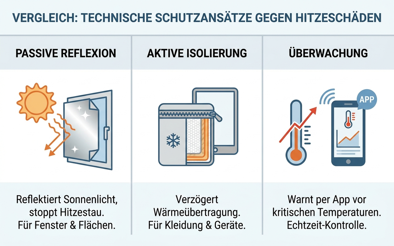 Infografik: Drei technische Schutzansätze gegen Hitzeschäden – Reflexion, Isolierung, Überwachung im Vergleich