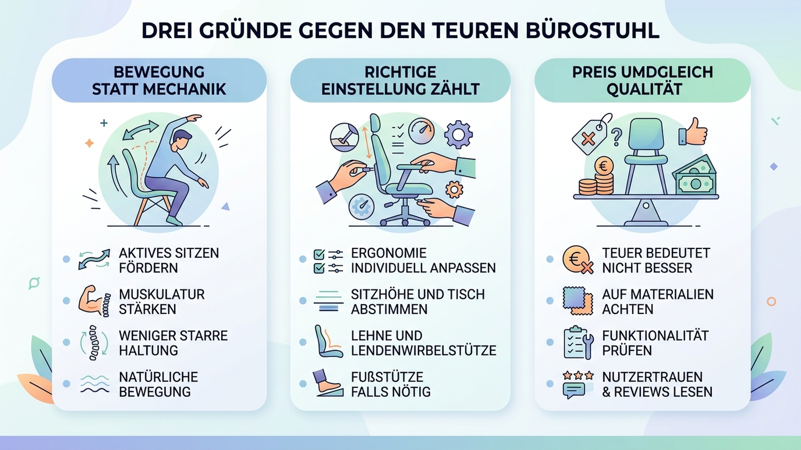 Infografik: Drei technische Gründe, warum ein teurer Ergonomie-Bürostuhl oft überflüssig ist, mit deutscher Beschriftung