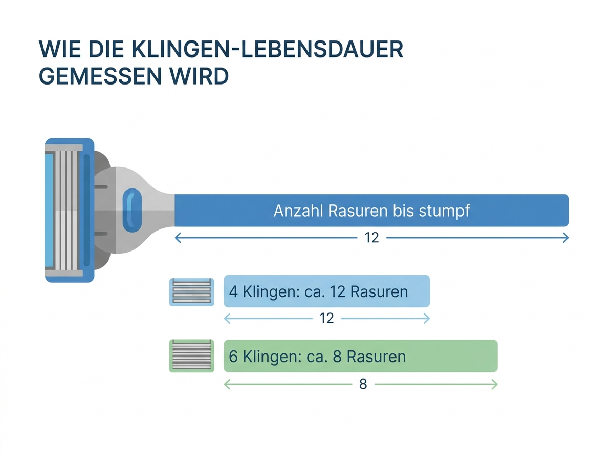 Infografik: Wie die Klingen-Lebensdauer gemessen wird, mit Balken für 4-Klingen- und 6-Klingen-Systeme und der jeweiligen Anzahl an Rasuren bis zum Stumpfwerden