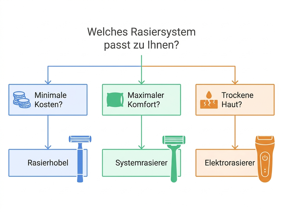 Entscheidungsbaum: Welches Rasiersystem passt zu Ihnen, mit Verzweigungen nach minimalen Kosten, maximalem Komfort und trockener Haut