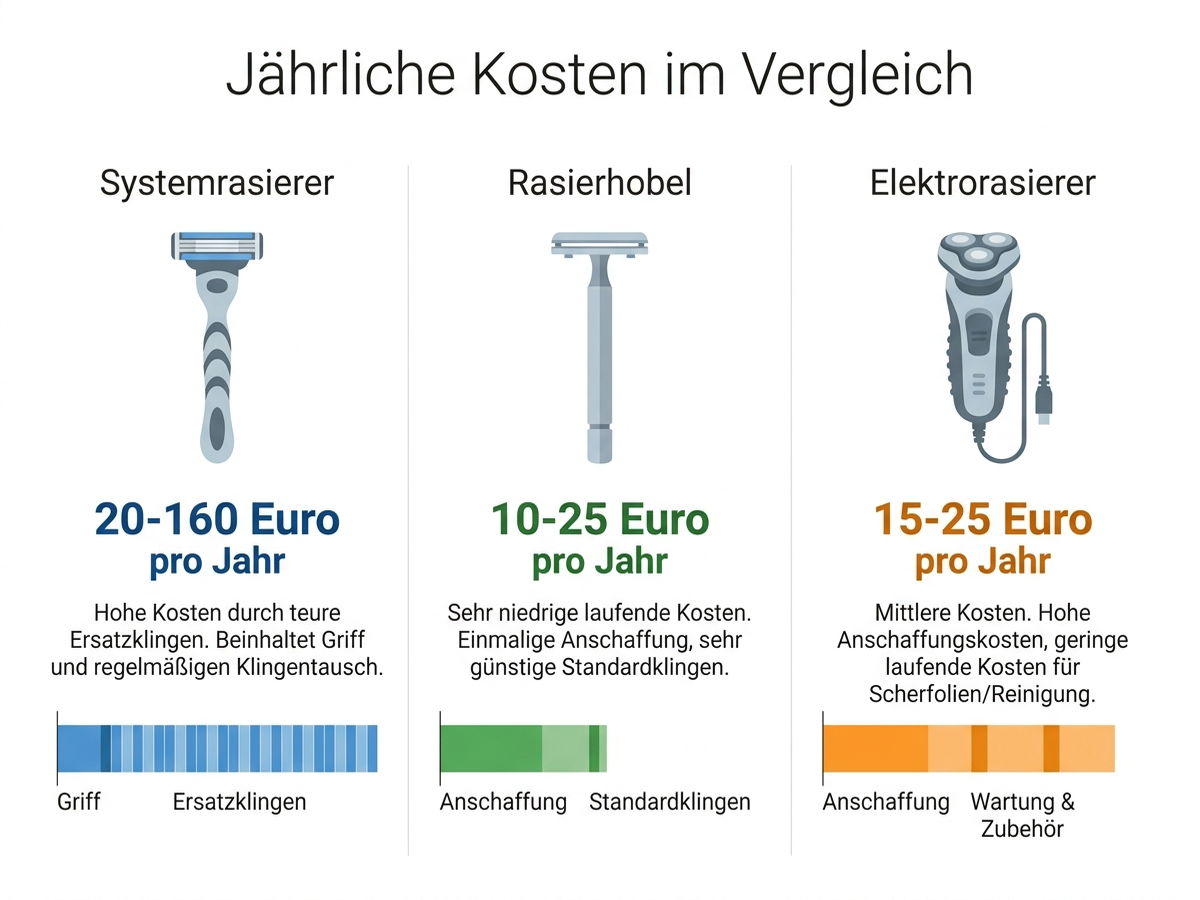 Infografik: Jährliche Kosten im Vergleich zwischen Systemrasierer, Rasierhobel und Elektrorasierer mit Balkendiagrammen zu Anschaffung und laufenden Kosten