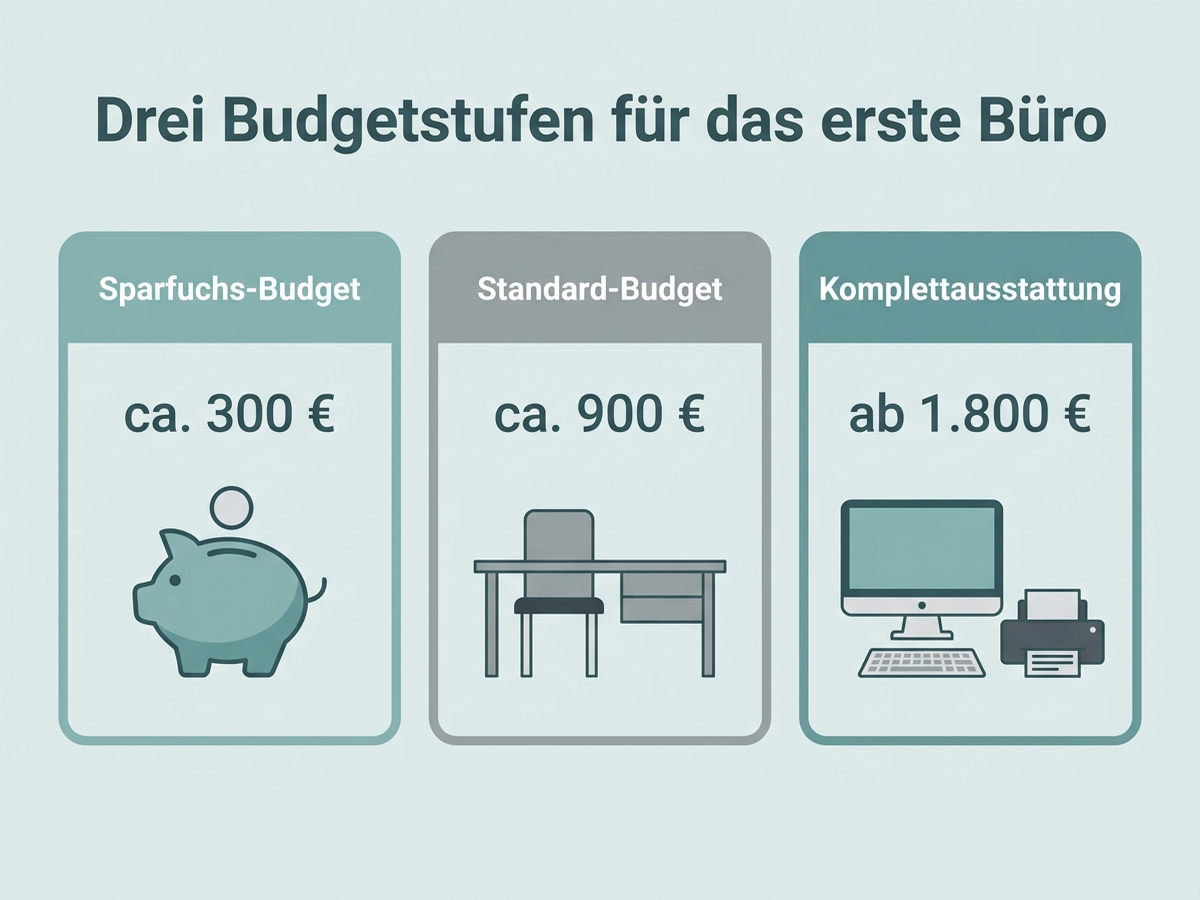 Infografik: Drei Budgetstufen für die erste Büroausstattung mit ungefähren Gesamtkosten